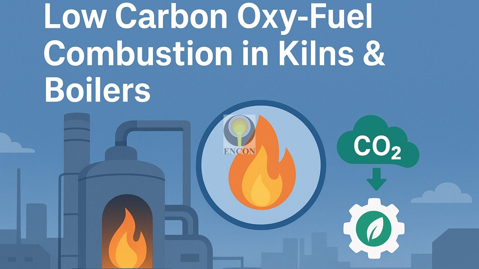 Low Carbon Oxy-Fuel Combustion in Kilns and Boilers with flame, CO₂ reduction, and sustainable industrial heating illustration.