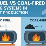 Illustration comparing oxy fuel vs coal-fired heating systems in cement production with kilns and fuel sources.