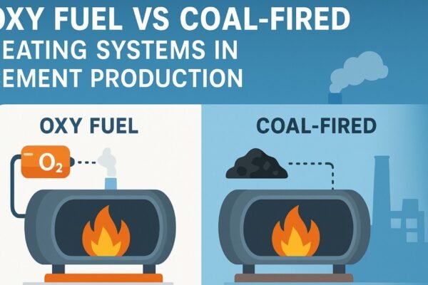 Illustration comparing oxy fuel vs coal-fired heating systems in cement production with kilns and fuel sources.