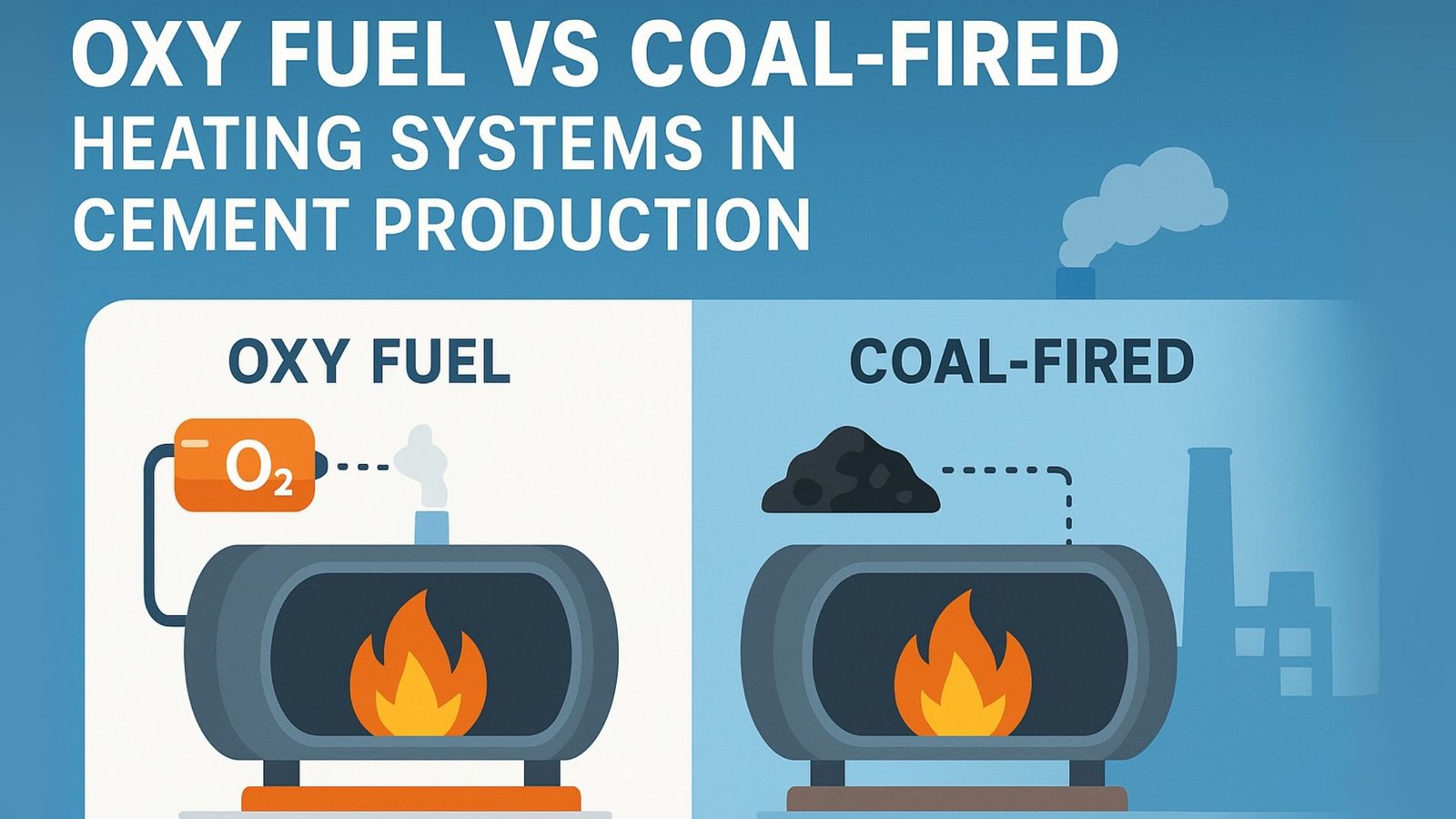 Illustration comparing oxy fuel vs coal-fired heating systems in cement production with kilns and fuel sources.