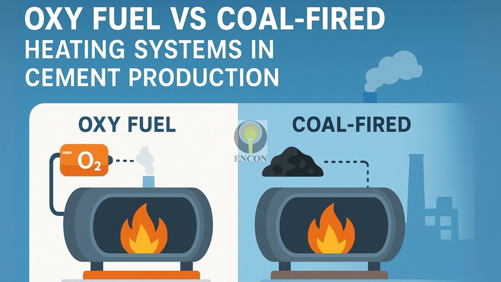Illustration comparing oxy fuel vs coal-fired heating systems in cement production with kilns and fuel sources.